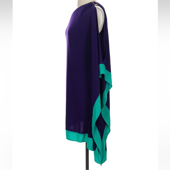 Vintage Cache One-Shoulder Stretch Dress in Purple & Teal Gold Buckle Size XS - Picture 5 of 7